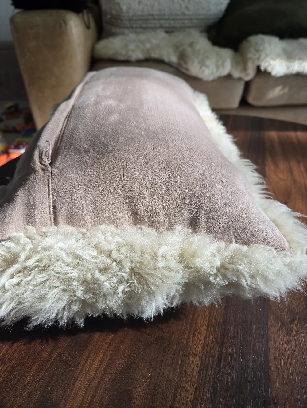 Genuine Sheepskin Fur Lumbar Pillow 12x20 Cream Microsuede Back Luxe